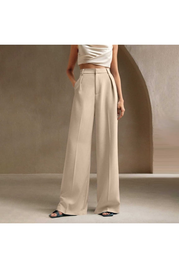 Wide Leg Pants for Women Dressy Beige Twill Slacks High Waisted Pleated Flat Front Business Casual Trousers for Women L