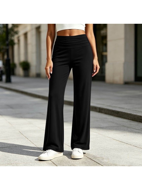 Wide-Leg Women’s Yoga Pants Black Petite Ladies Leggings Casual Long High Waist Leggings,S
