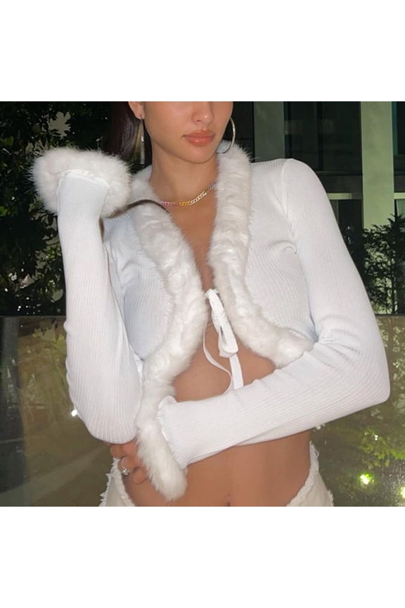 Winter Coats for Women Long Sleeves Faux Furry Sexy Cropped Jacket Party Trendy Fall White Jacket,S