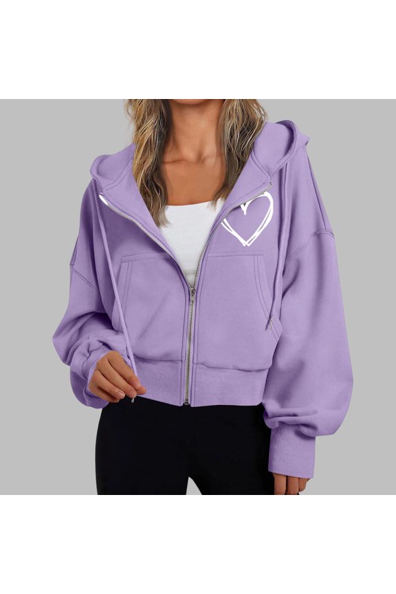 Winter Coats for Women Long Sleeves Hooded Vintage Heart Printed Sweatshirts Full Zip Fall Purple Lightweight Jacket,S