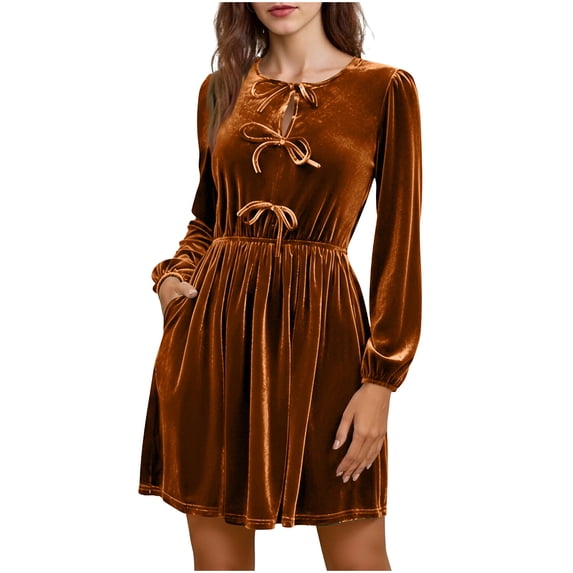 Ovbmpzd Winter Mini Party Dresses for Women Elegant Funeral Wedding Guest formal Dresses Crew Neck Vevlet Gold Party Dresses With Pocket,S
