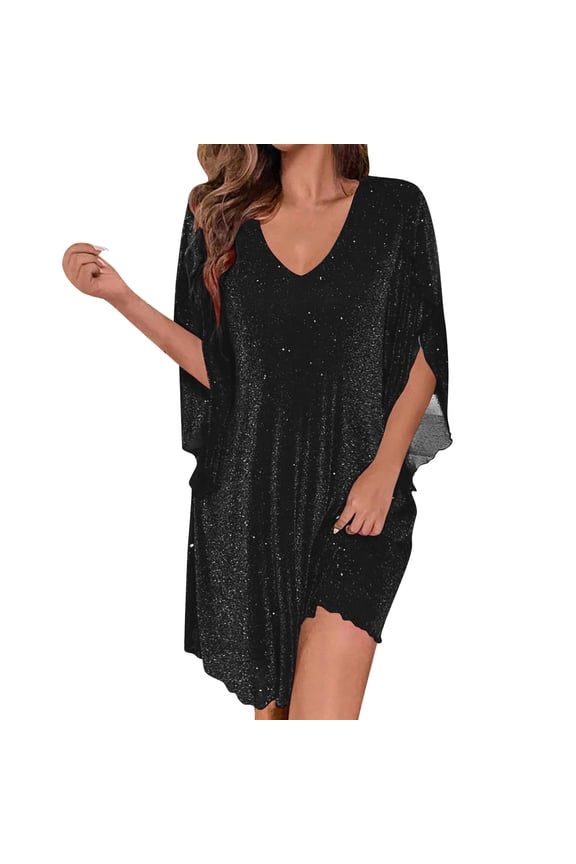 Women Party Dress Sparkly Mini Bat Sleeve Black Mesh Dress V Neck Dresses 1930s Dresses for Women L