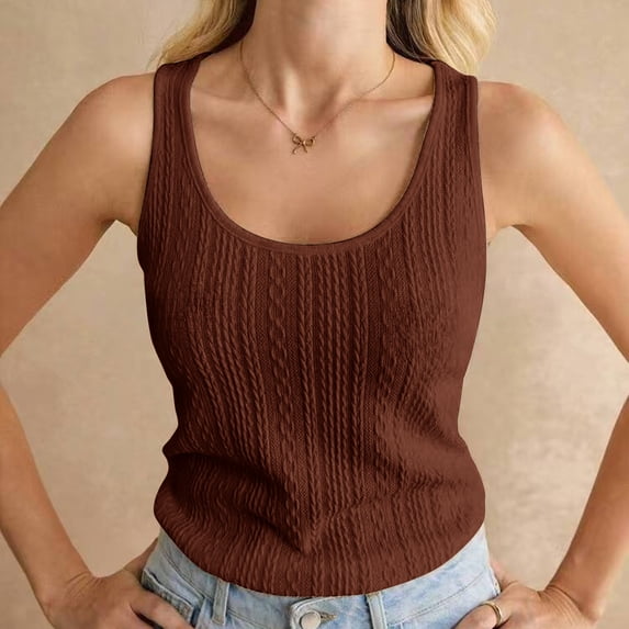 Ovbmpzd Women Tank Tops Casual Ribbed Brown Petite Shirts Sleeveless Crew Neck Summer Spring Camisole Women Holiday Tops XL