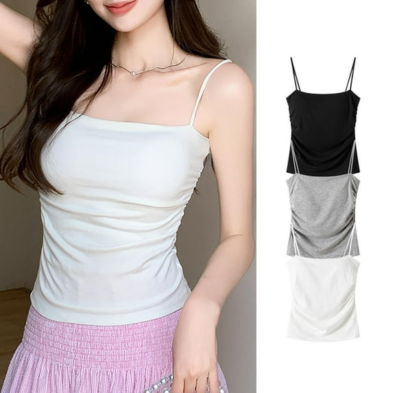 Ovbmpzd Women Tank Tops Spaghetti Straps Cropped Fitted White with Built in Bra Camisole Spring Sleeveless Summer Shirt Women Tops L