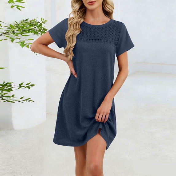 Ovbmpzd Women Dresses Sundresses Navy Boho Plain Eyelet Smocked Mini Crew Neck Shift Casual Dresses for Women,M