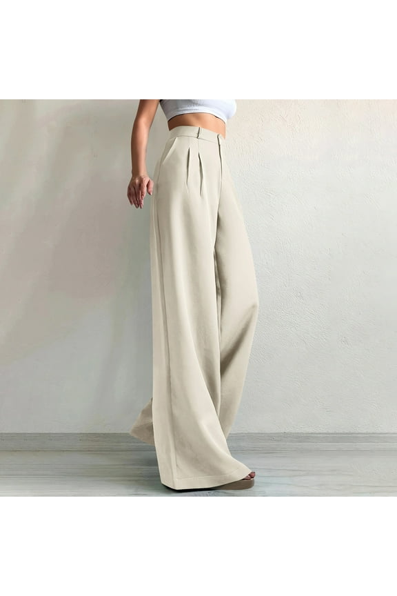 Women's Beige Pants Wide Leg Flat Front Petite Dressy Pants Business Casual High Waisted Baggy Slacks for Women XS