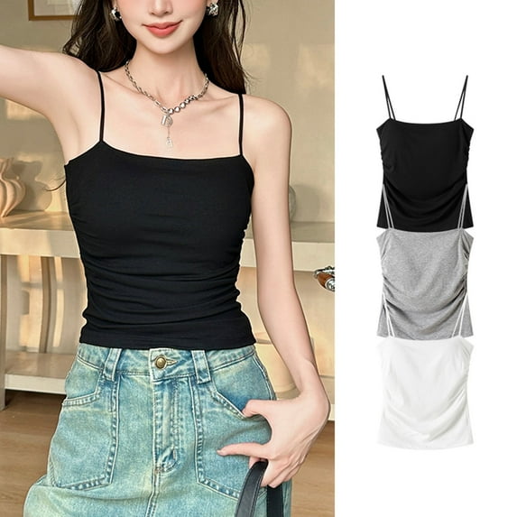 Ovbmpzd Women's Tank Tops Spaghetti Straps Black with Built in Bra Cropped Fitted Camisole Summer Sleeveless Spring Shirt Casual Tops for Women L