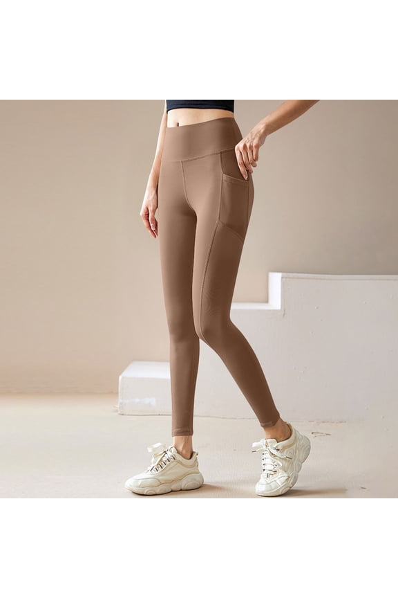 Women's Yoga Tights Opaque Tummy Control Beige Pantyhose Pockets Butt Lifting Workout Leggings Tights for Women