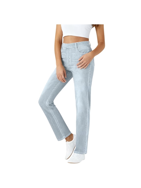 Womens Jeans Gray Ladies Petite Slim Straight Jeans Casual Work Long Pants,M