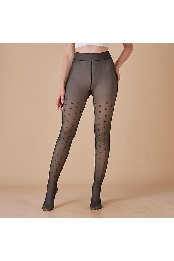 Womens Plus Size Tights Fleece Lined Fake Sheer Black Pantyhose Thick Warm Thermal Heart Winter Leggings Tights for Women