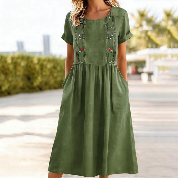 Ovbmpzd Womens Summer Dresses Embroidered Green Linen Loose Crew Neck Cocktail-Length Shift Women'S Dresses,S