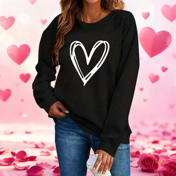 Ovbmpzd Womens Valentines Day Sweatshirts Heart Print Petite Crew Neck Cute Shirts Holiday Dating Black Long Sleeve Tops for Women M