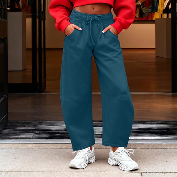 Ovbmpzd Womens Wide Leg Pants Baggy Blue Workout Barrel Sweatpants with Pockets High Waisted Drawstring Sweatpants for Women XL
