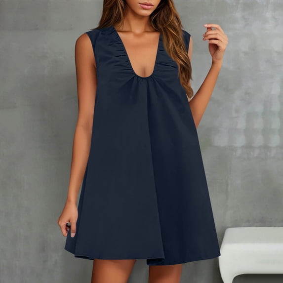 Ovbmpzd Work Dresses for Women 2026 Sleeveless Midi Blue Dress V Neck Knee Length Dresses Womens Sundress M