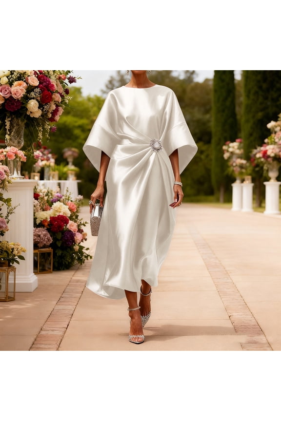 Wrap Dresses for Women 2026 Beige Half Sleeve Petite Satin Midi Dress Dresses Party Dress for Women L