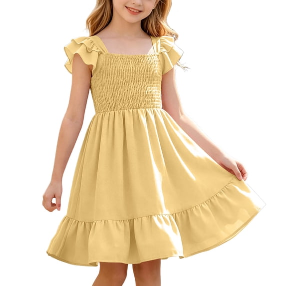 Ovbmpzd Yellow Big Girls Dresses Flutter Sleeve Cute Dresses Ruffled A-Line Midi Dresses,7 Years