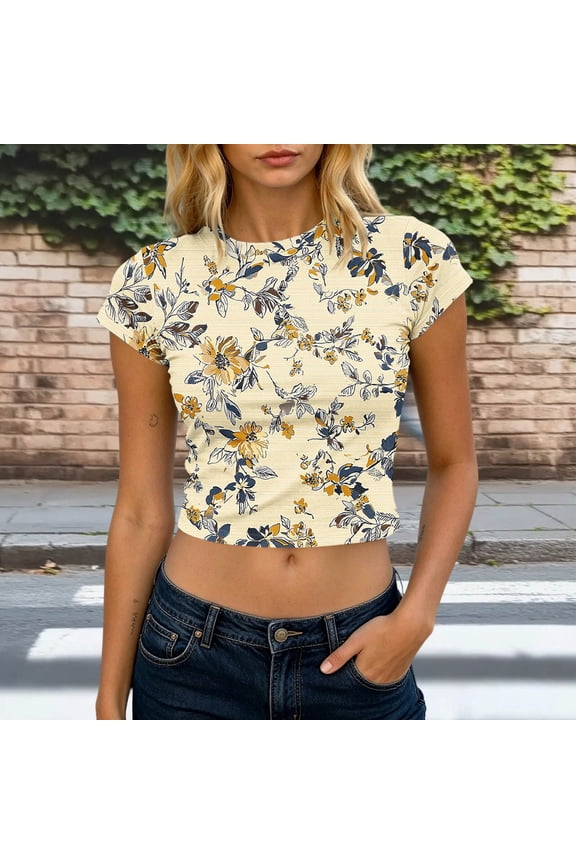 Yellow Tops for Women Summer Trendy Relaxed Fit Pull-On Casual Crew Neck T-Shirts Womens Top,L