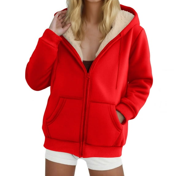 Ovbmpzd Zip Up Womens Fall Jacket Casual Red Fleece-Lined Hooded Long Sleeve Warm Outerwear Jackets Winter Coat for Women S