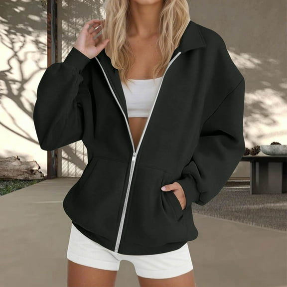 Ovbmpzd Zip Up Womens Fall Jackets 2025 Black Casual Outwear Solid Color Long Sleeve Sporty Lapel Collar Jackets Womens Winter Coats S