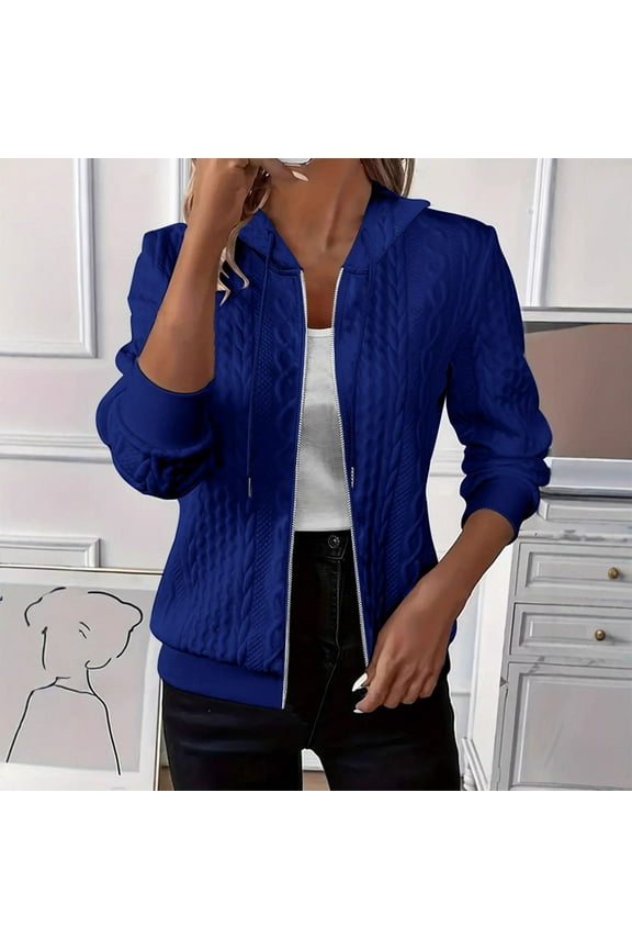 Zippered Womens Sweatshirt Comfy Ribbed Blue Solid Color with Hood Sweatshirts Womens Fall Clothes