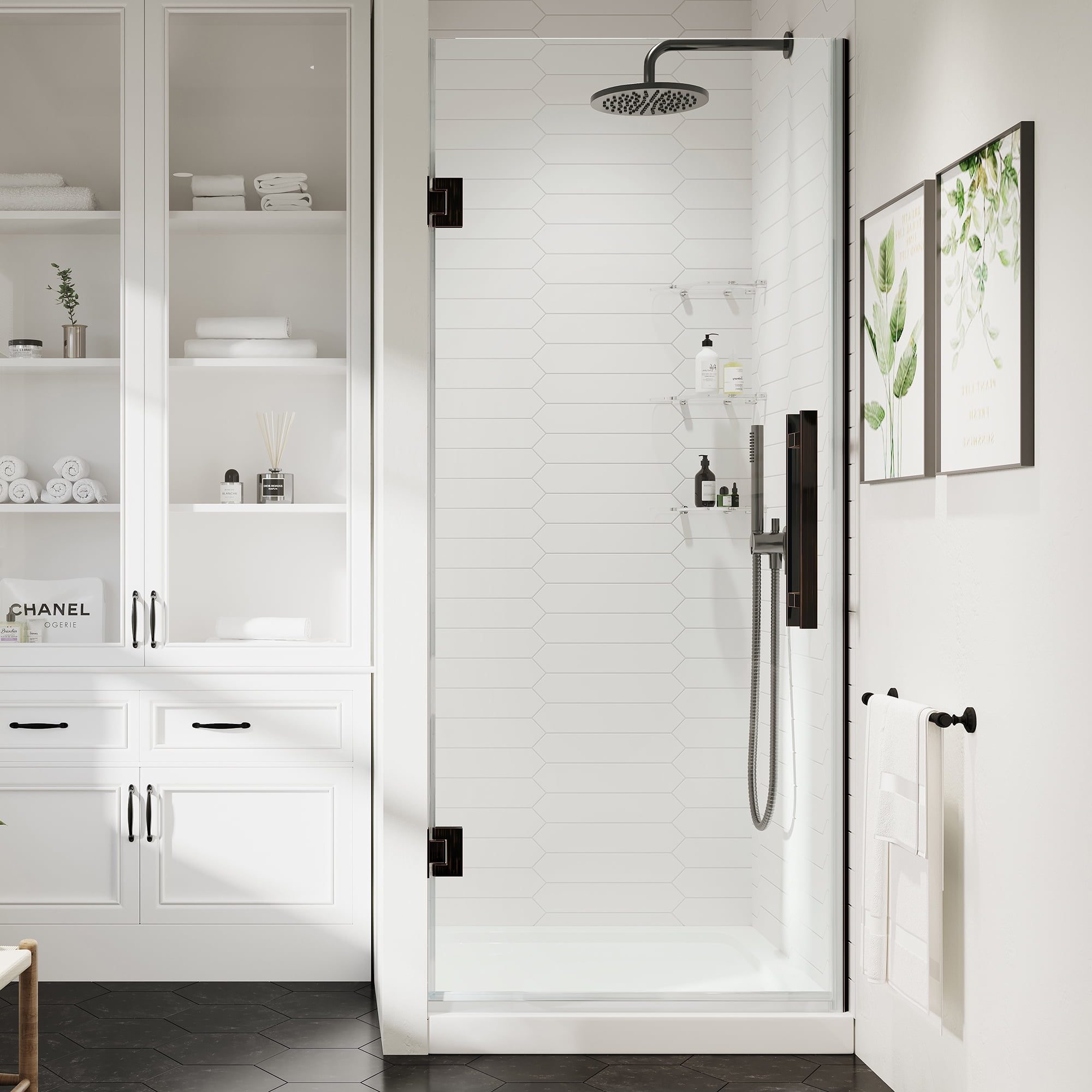 Tampa-Pro 32'' Oil Rubbed Bronze Frameless Shower Kit with Shelves