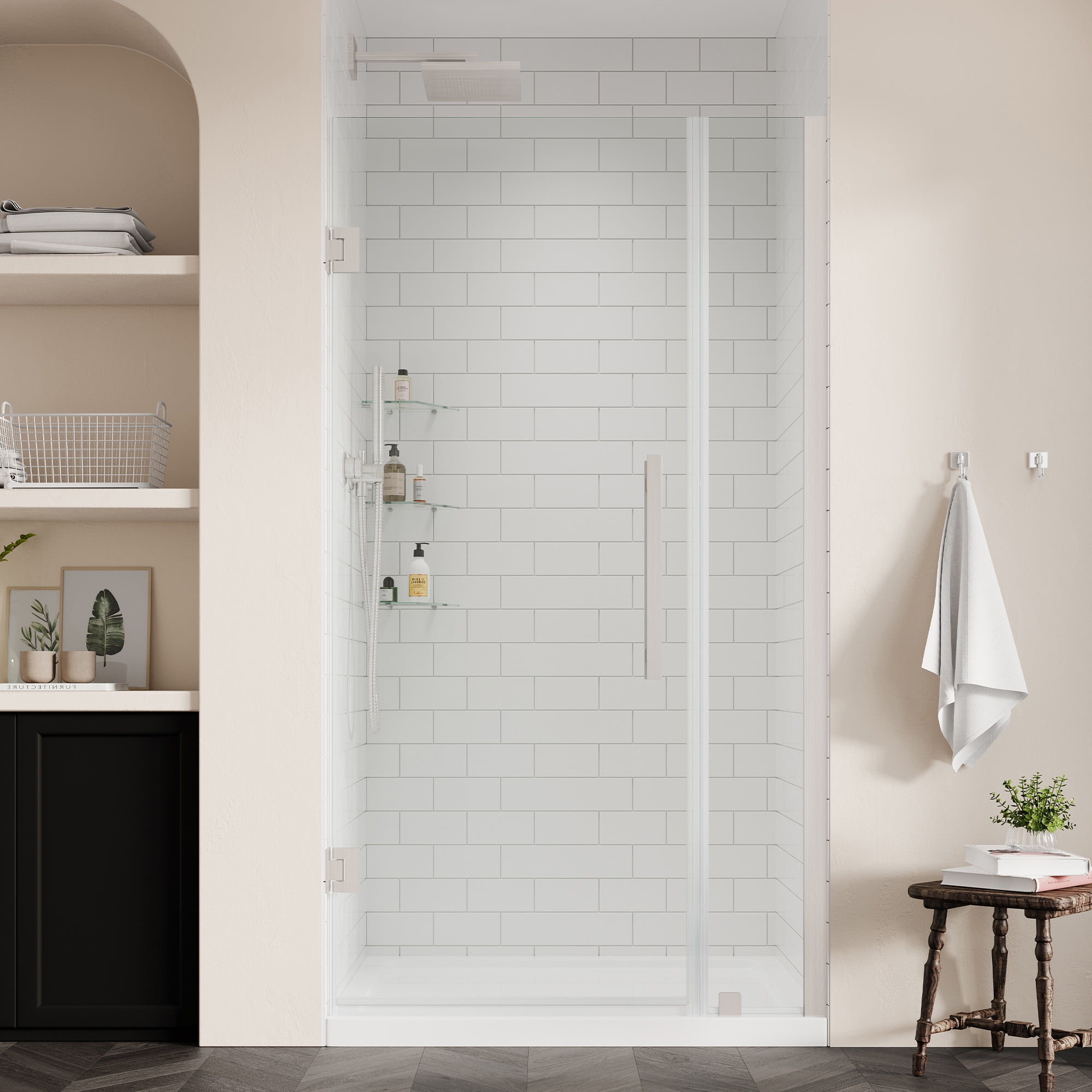 Satin Nickel Frameless Alcove Shower Kit with Shelves