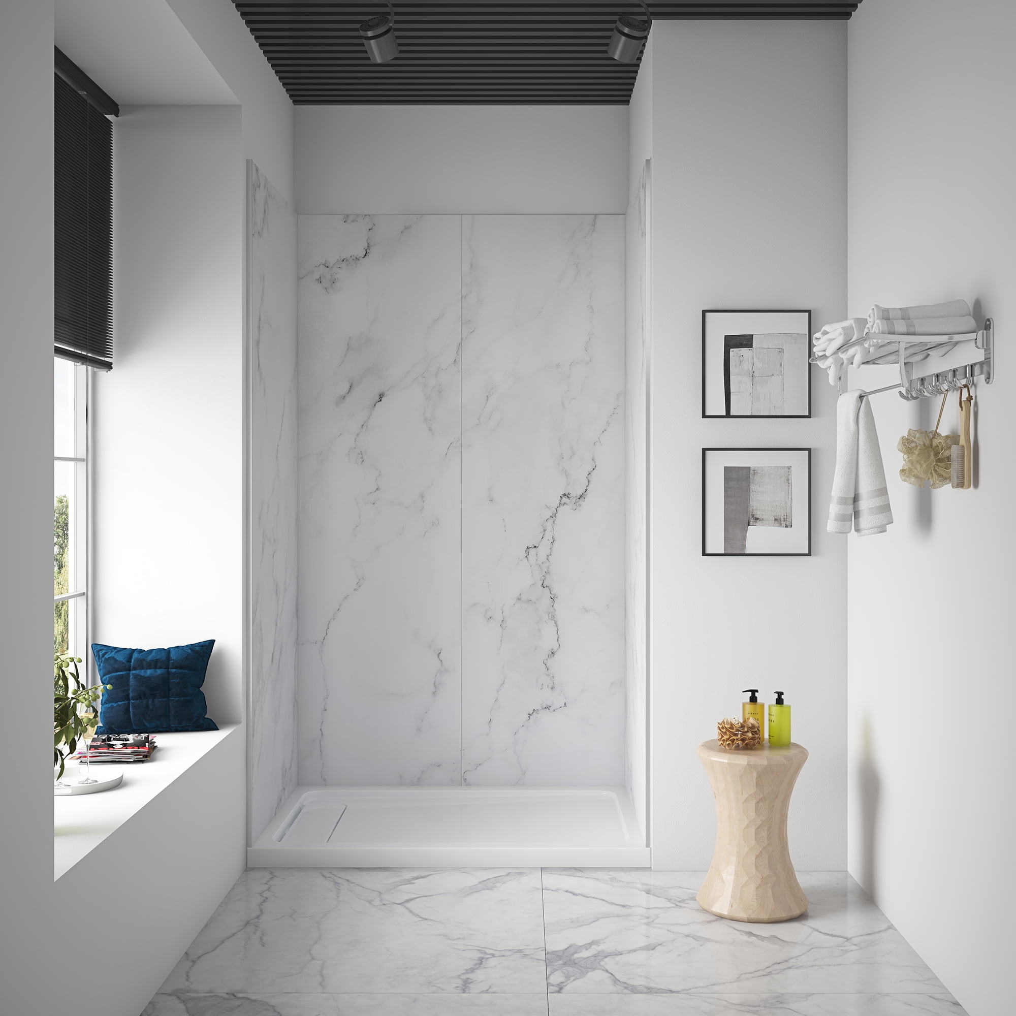Ove Decors Arroyo 48 in x 80 in 4-Piece Shower Surround Back and Side Wall Panels in Carrara Finish