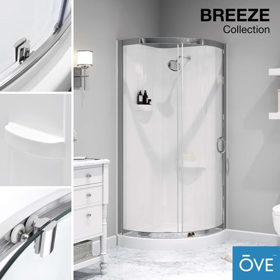 Ove Decors Breeze 32 in x 32 in x 77 in H Curved Corner Shower Kit with Clear Glass, Walls, Base and Chrome Hardware