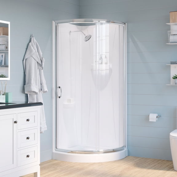 Ove Decors Breeze 32 in x 32 in x 77 in H Curved Corner Shower Kit with Clear Glass, Walls, Base and Satin Nickel Hardware