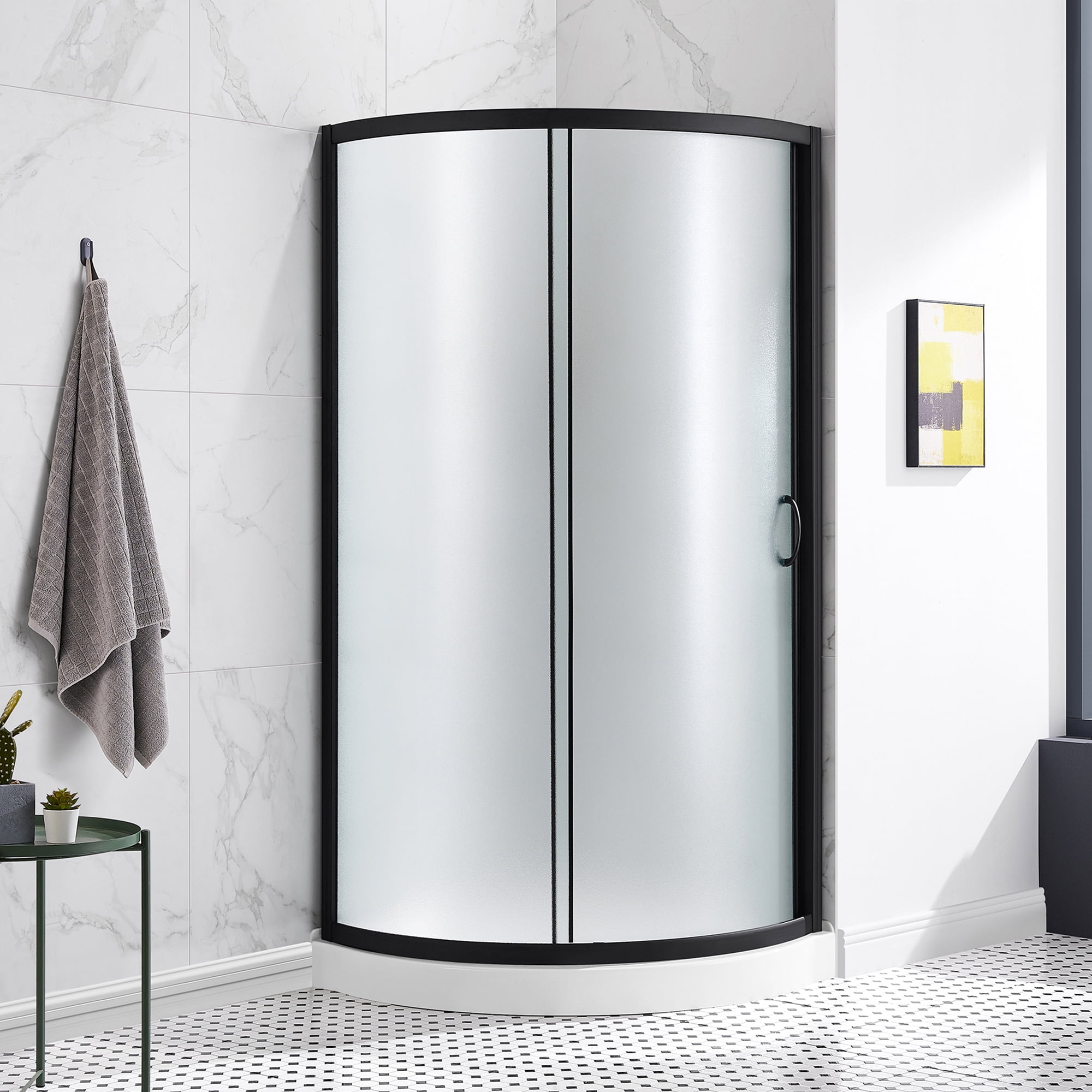 Breeze 32" Black Framed Frosted Glass Round Sliding Shower Kit