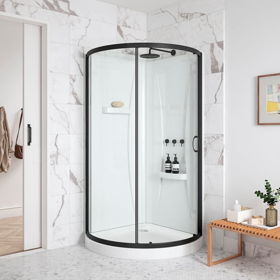 Ove Decors Breeze 34 in x 34 in x 77 in H Curved Corner Shower Kit with Clear Glass, Walls, Base and Matte Black Hardware