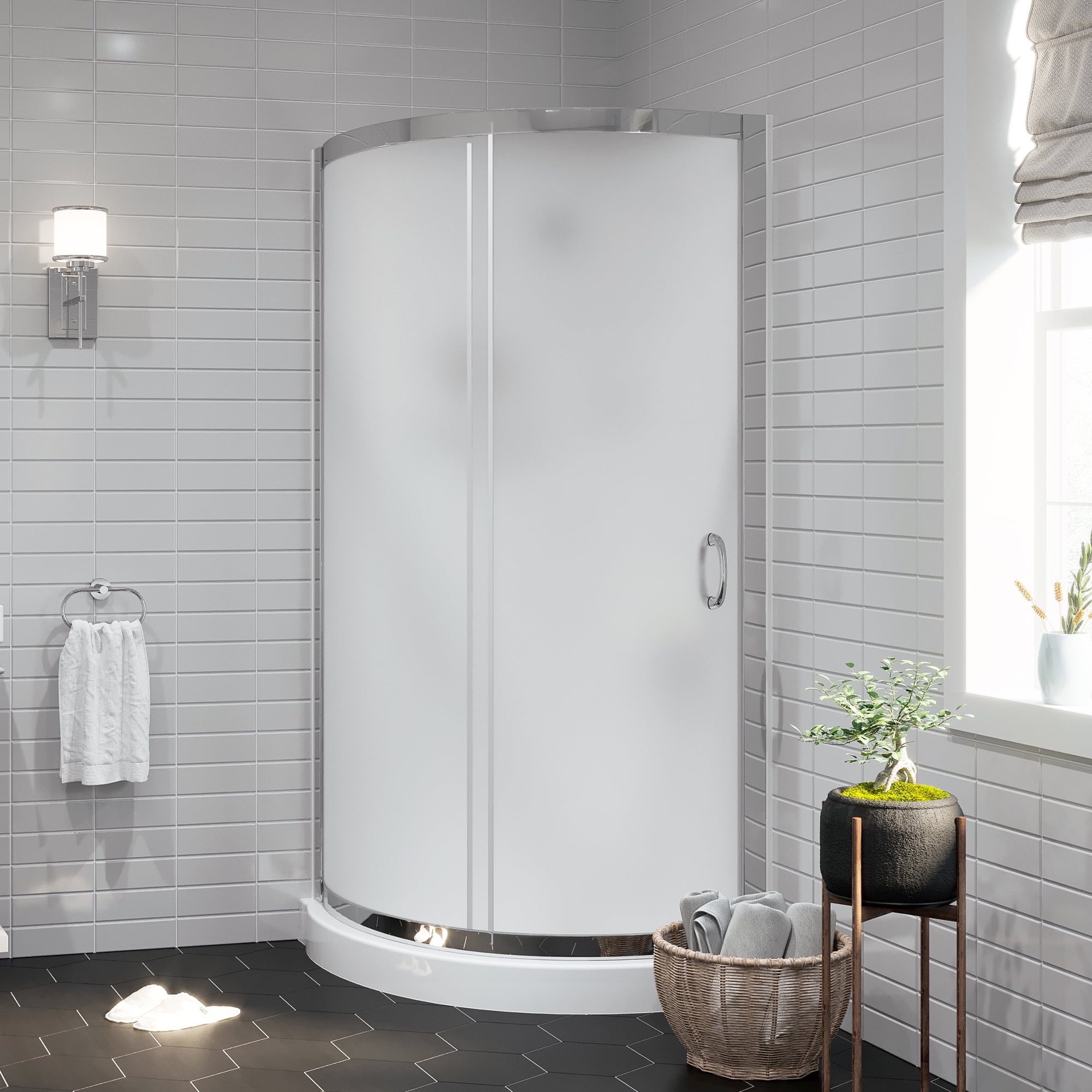 Breeze 34" Frosted Glass Round Sliding Shower Kit with Acrylic Base