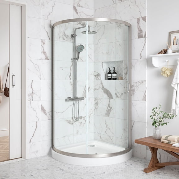 Ove Decors Breeze 34 in x 34 in x 77 in H Curved Corner Shower with Clear Glass & Shower Base and Satin Nickel Hardware