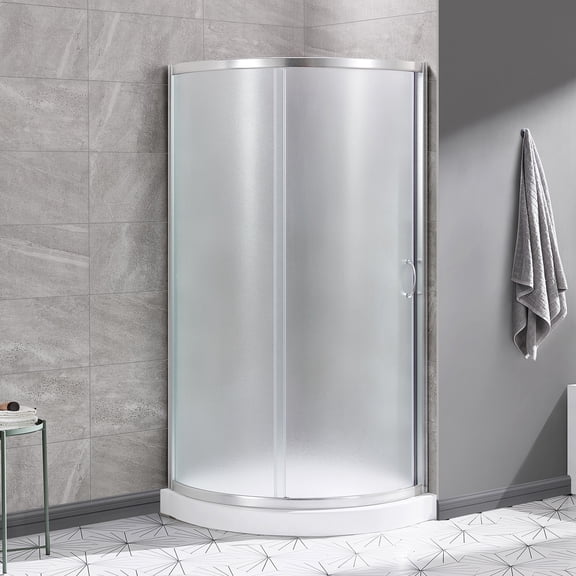 Ove Decors Breeze 34 in x 34 in x 77 in H Curved Corner Shower with Frosted Glass & Shower Base and Satin Nickel Hardware