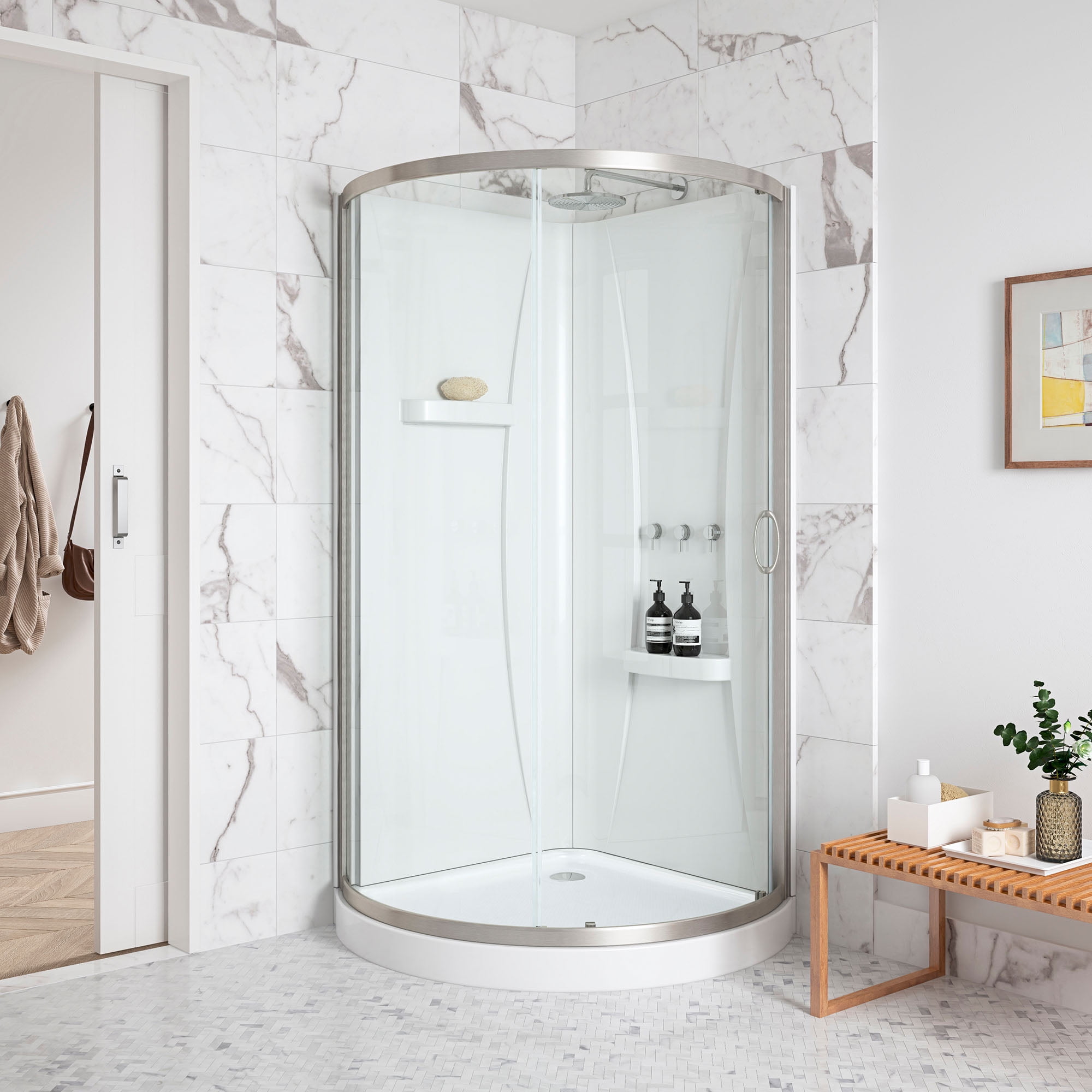 Breeze 36" White Acrylic Corner Shower Kit with Clear Glass