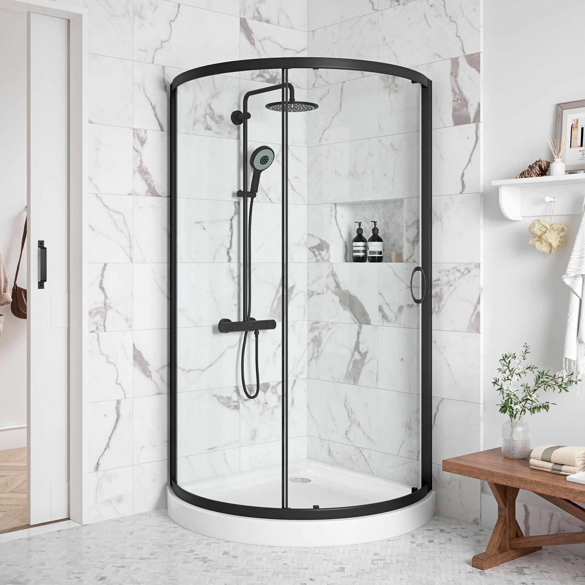 Breeze 36'' Black Framed Clear Glass Corner Shower Kit