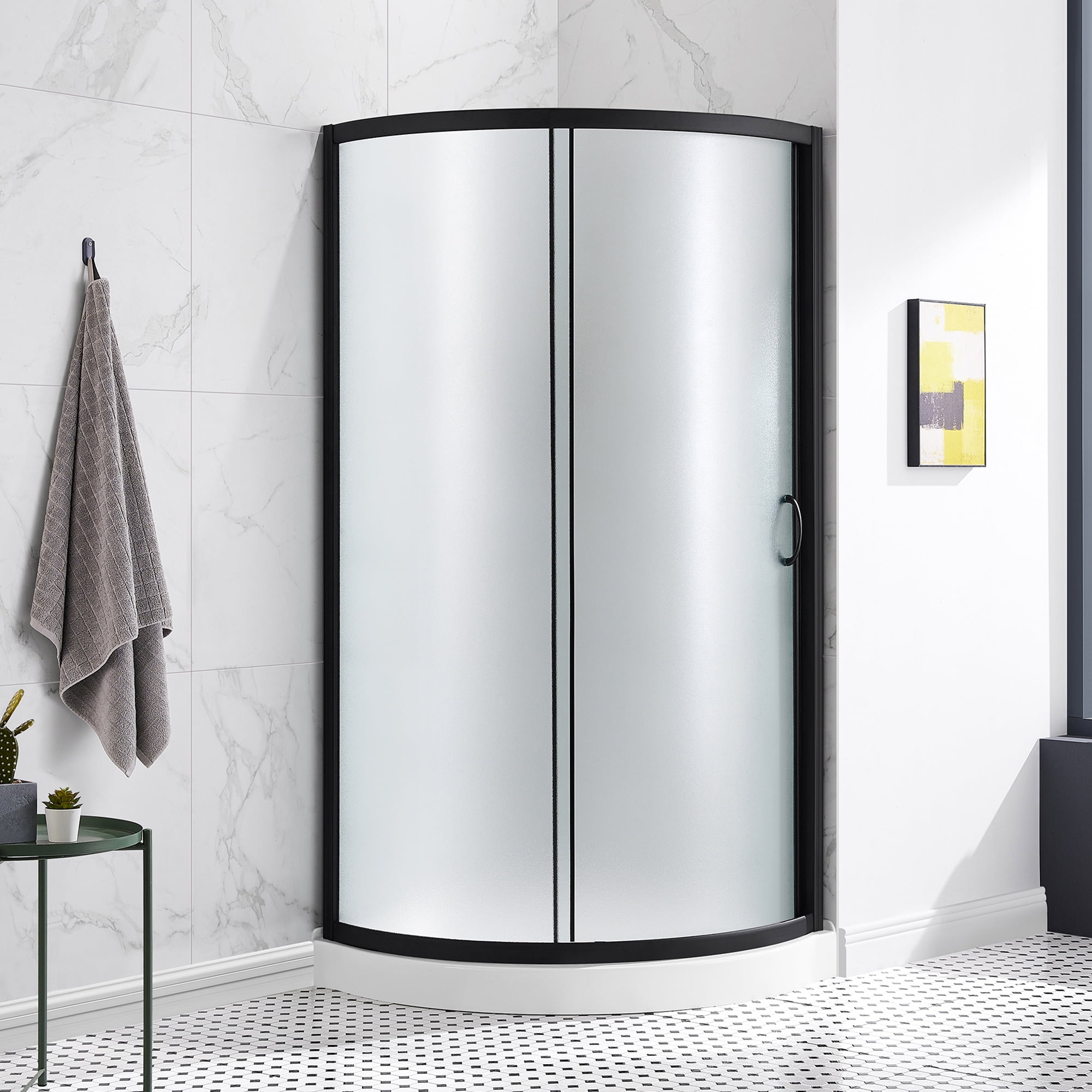 Breeze Black Framed Frosted Glass Round Sliding Shower Kit