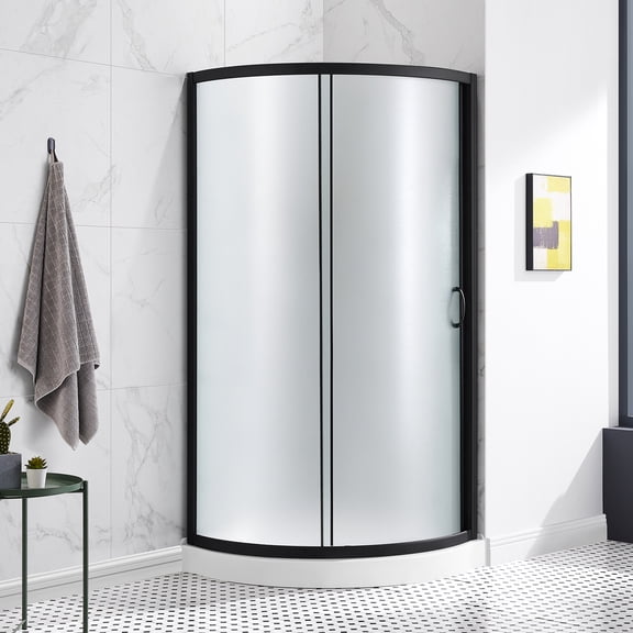 Ove Decors Breeze 36 in x 36 in x 77 in H Curved Corner Shower with Frosted Glass & Shower Base and Matte Black Hardware