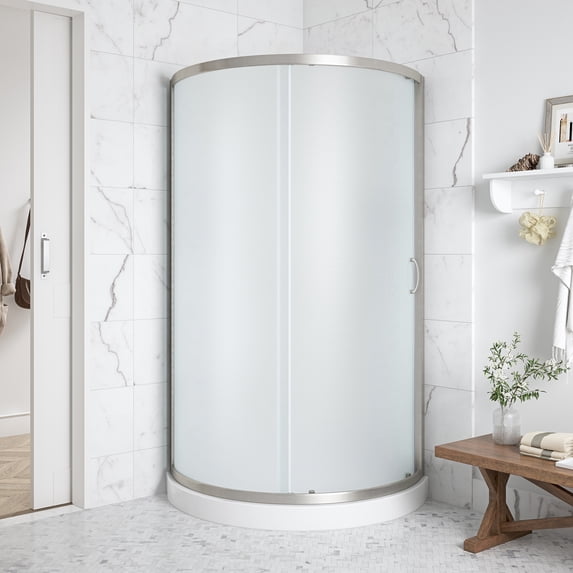 Ove Decors Breeze 36 in x 36 in x 77 in H Curved Corner Shower with Frosted Glass & Shower Base and Satin Nickel Hardware