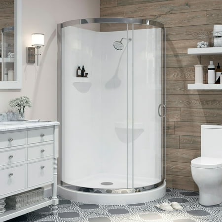 Ove Decors Breeze 38 in x 38 in x 77 in H Curved Corner Shower Door with Clear Glass, Shower Walls & Shower Base and Chrome Hardware