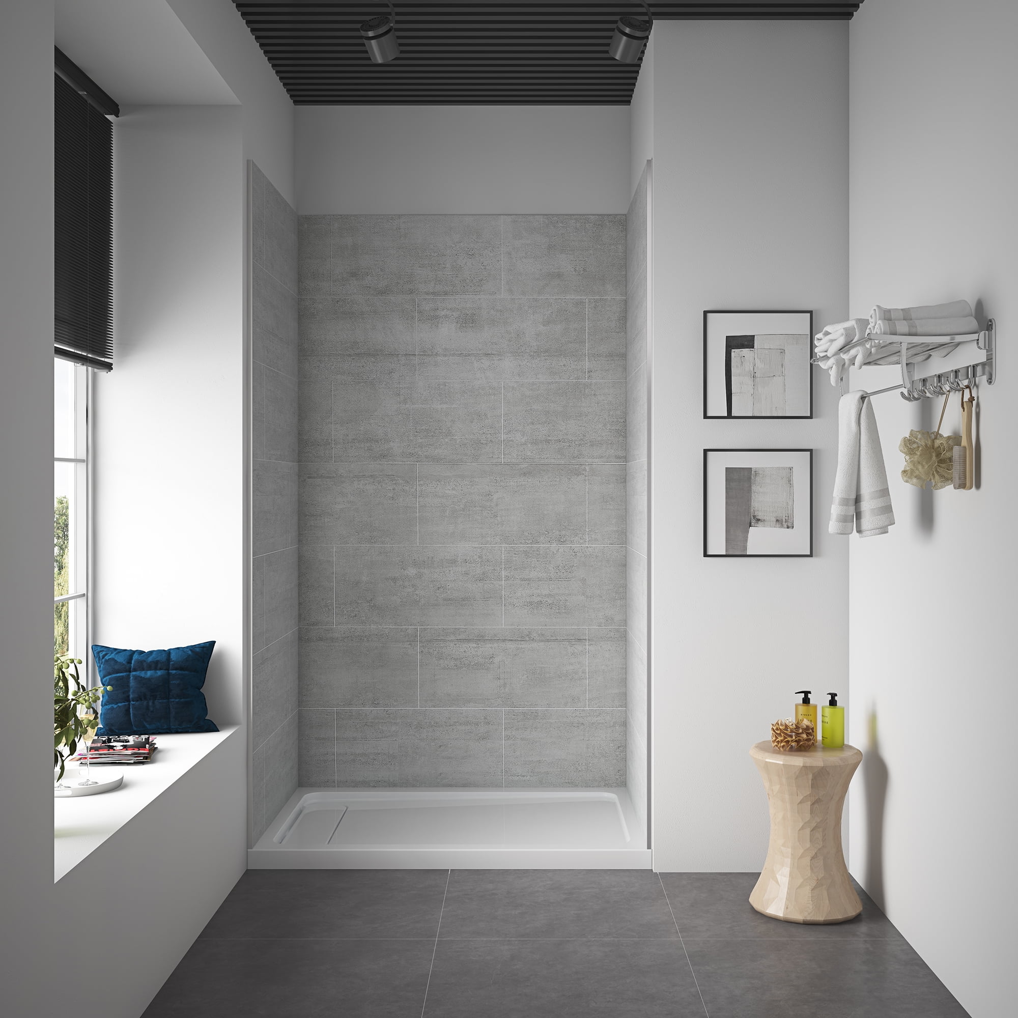 Gray SPC Composite Alcove Shower Wall Kit with Aluminum Edges
