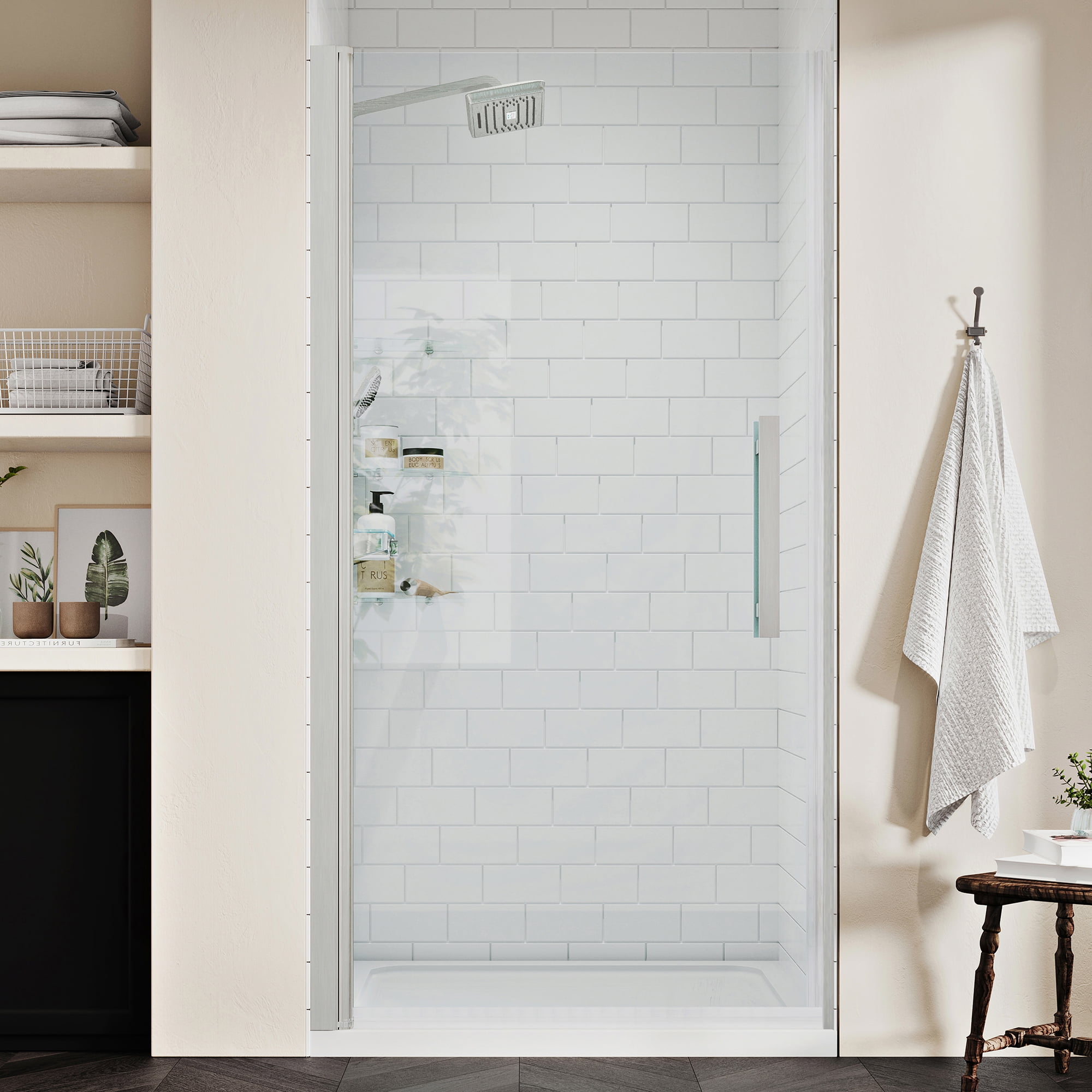 Pasadena Satin Nickel Frameless Shower Kit with Shelves