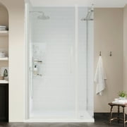 Ove Decors Pasadena 36 in. L x 32 in. W x 72 in. H Corner Shower Kit w/Pivot Frameless Shower Door in SN w/ Shelves and Shower Pan