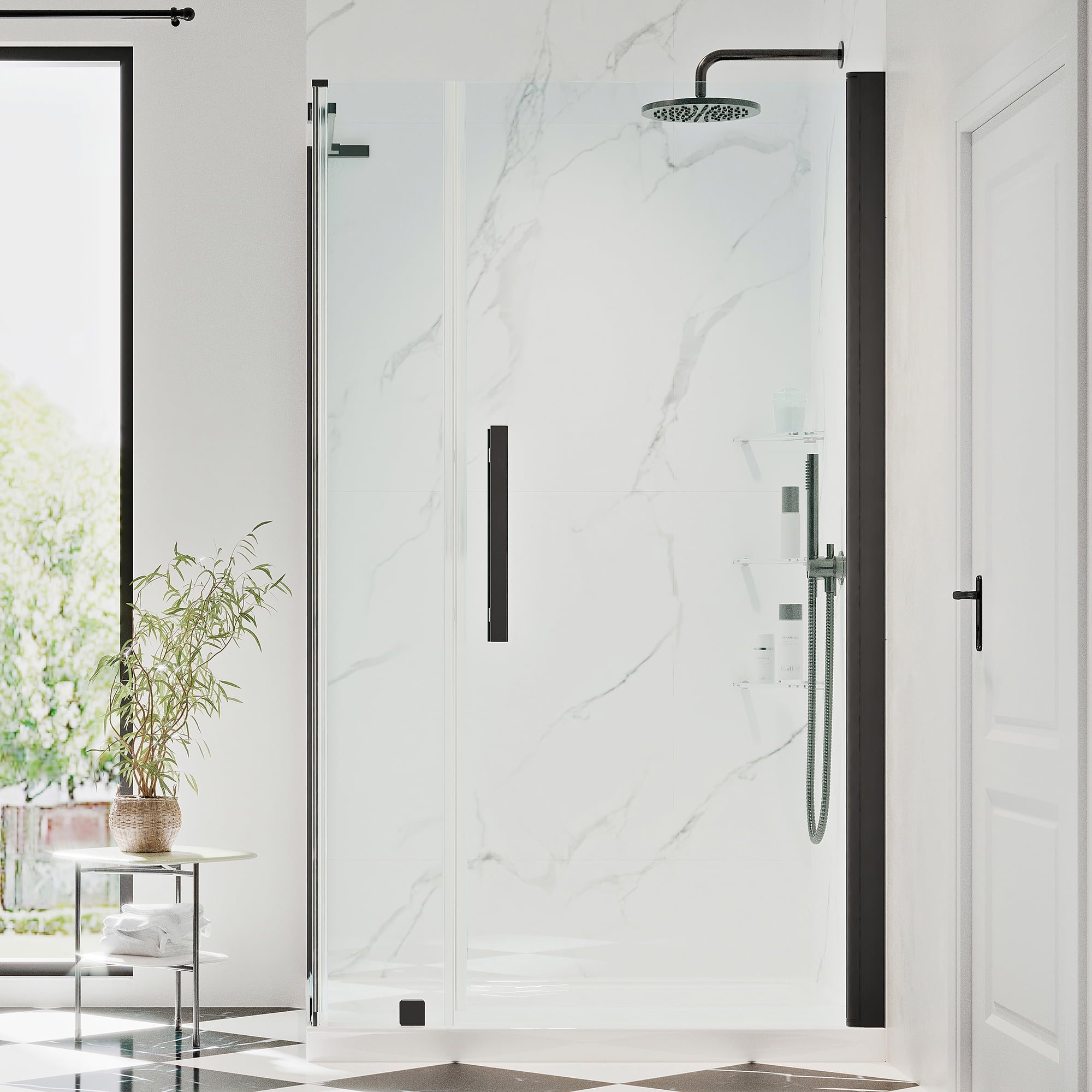 Pasadena Black Frameless Corner Shower Kit with Shelves and Pan