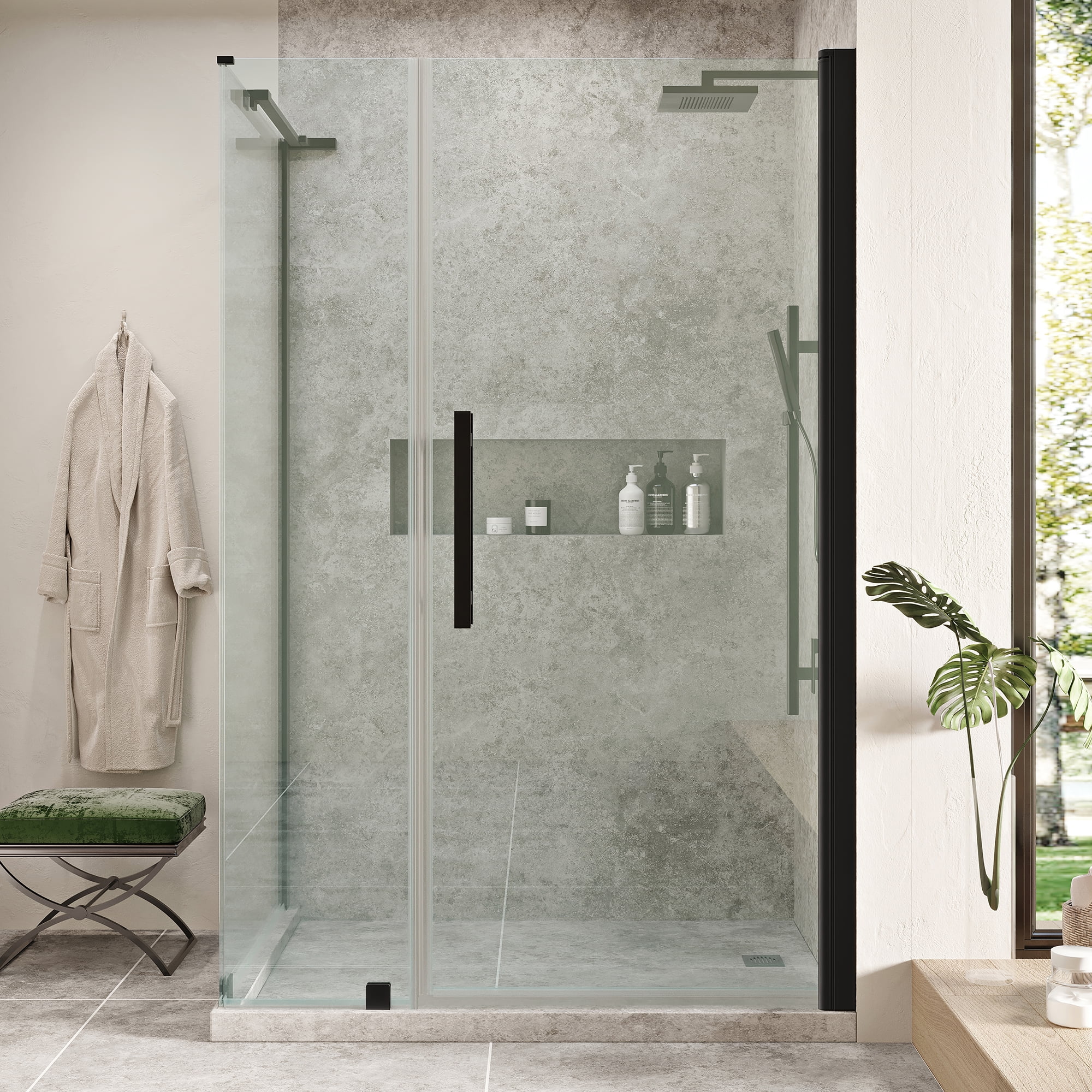 Pasadena Black Frameless Corner Shower Kit with Tempered Glass Panels