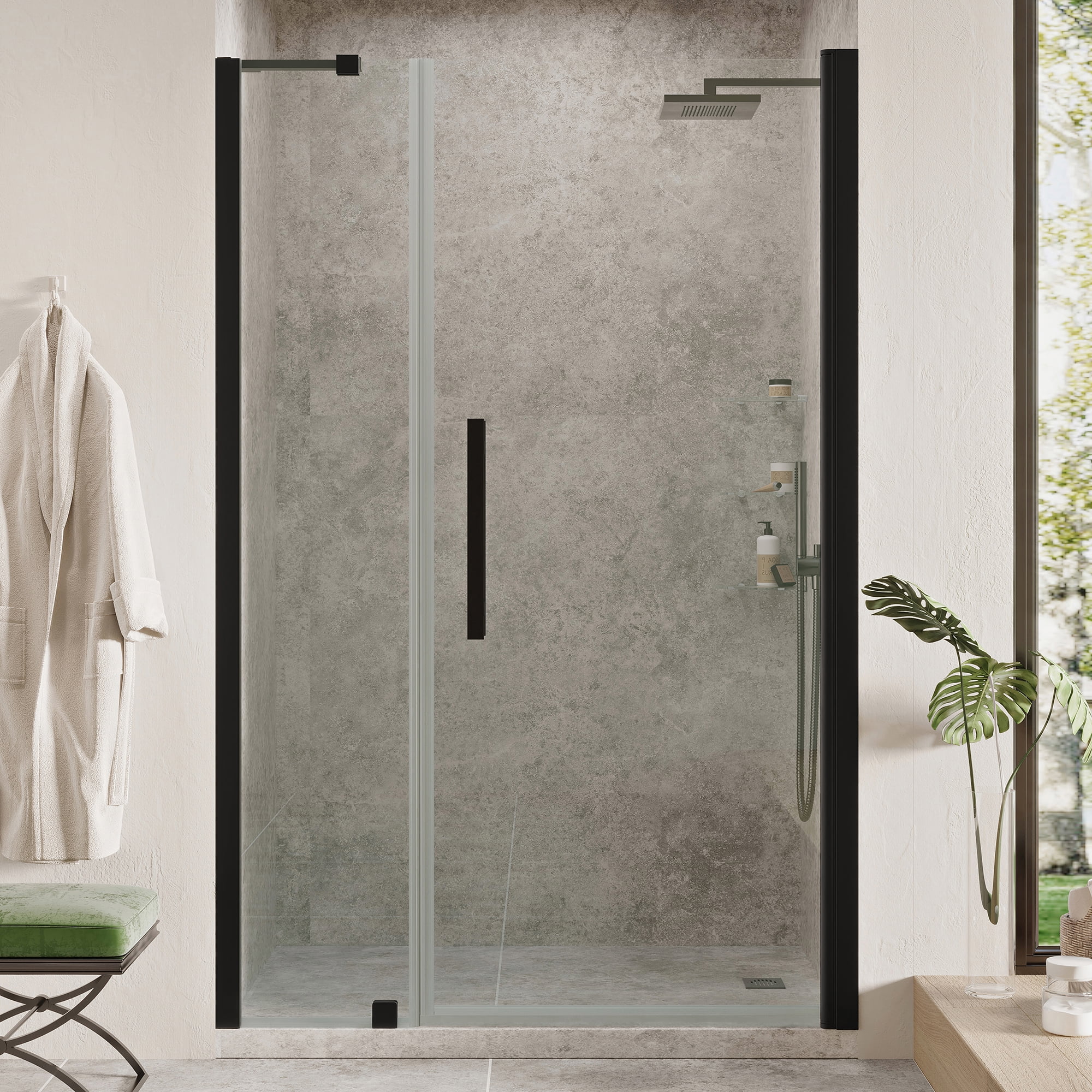 Pasadena 45'' W 72'' H Black Frameless Shower Kit with Shelves