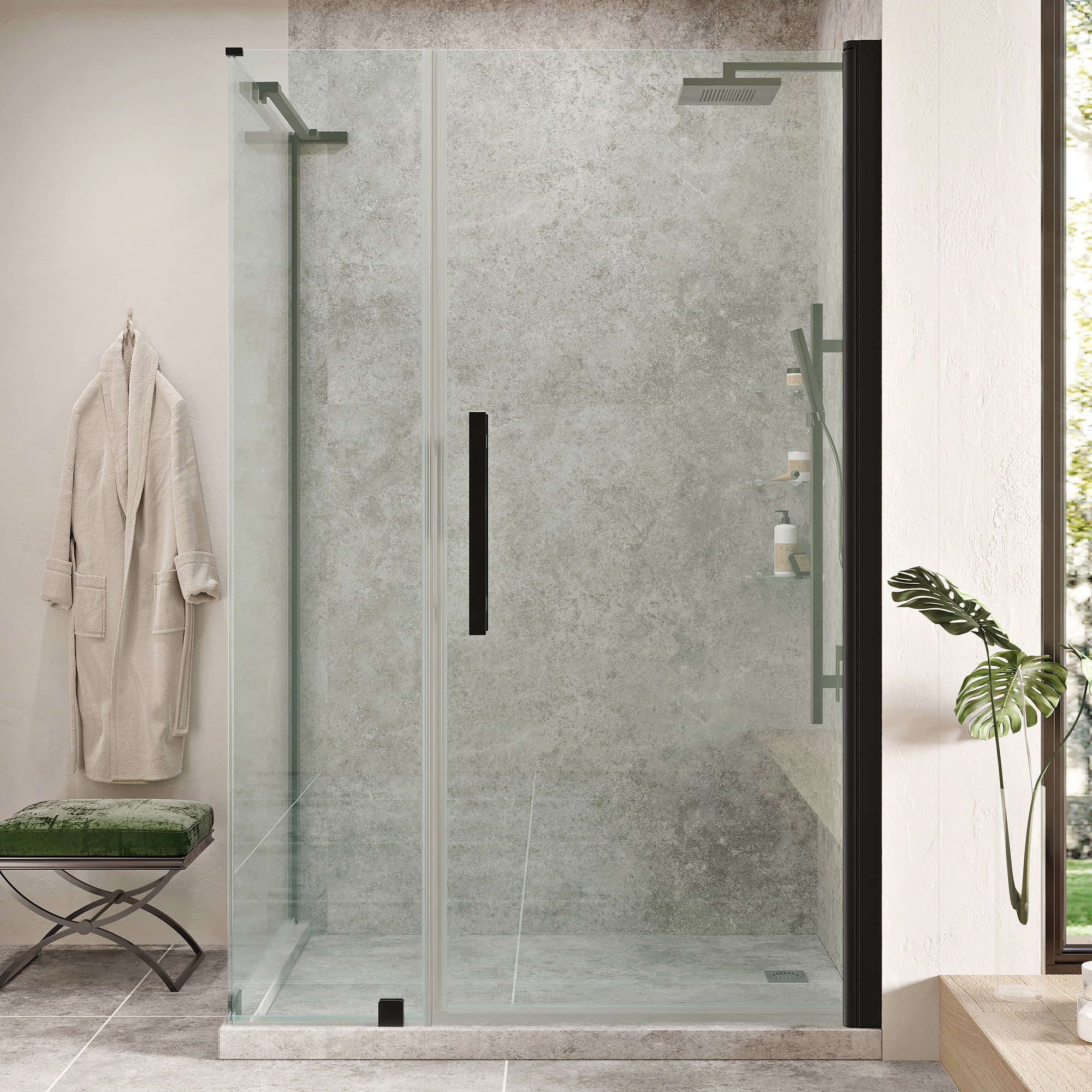 Ove Decors Pasadena 46-1/8 in. W x 72 in. H Rectangular Corner Shower Enclosure w/ Pivot Frameless Shower Door in Black w/ Shelves