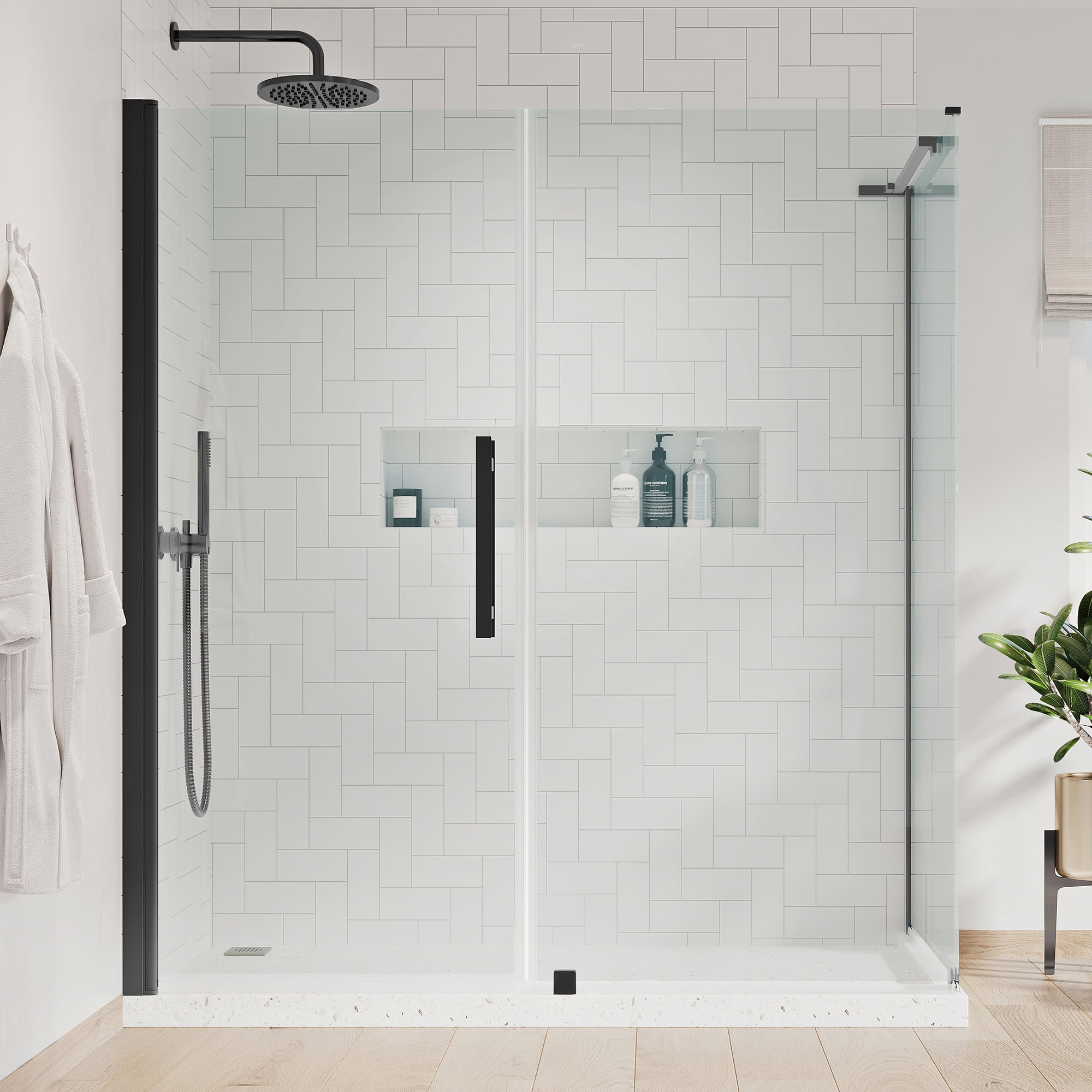 Black Frameless Tempered Glass Corner Shower Kit