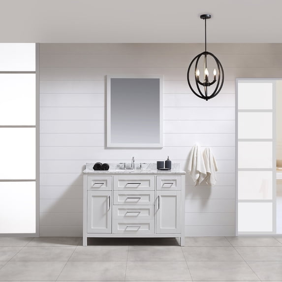 Ove Decors Tahoe 48 in W x 21 in D Pure White Bathroom Vanity with Carrara Marble Countertop and Framed Wall Mirror