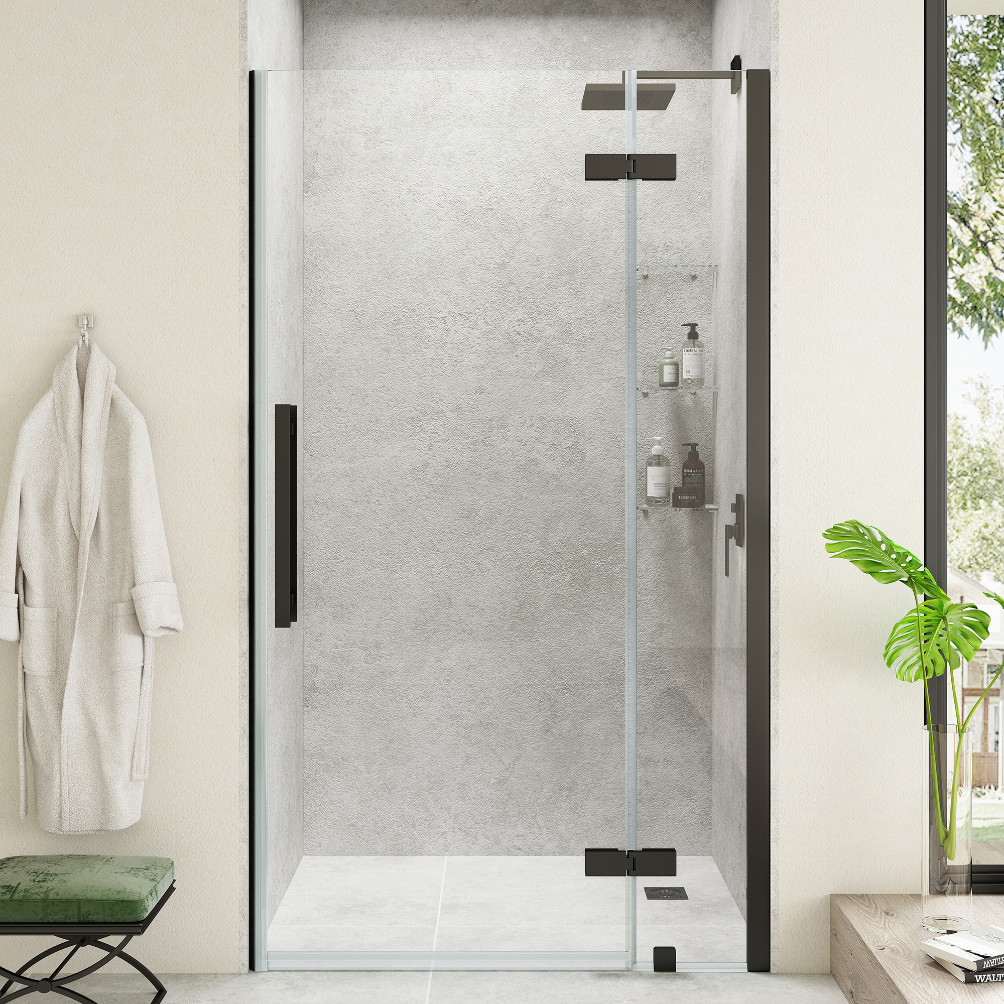 Tampa 72"H x 37"W Black Frameless Shower Kit with Shelves